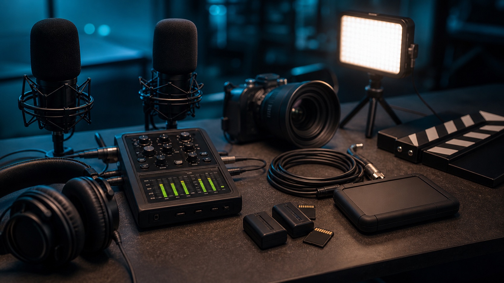 Mesa organizada com microfones, câmera, fones, gravador de áudio, cartões e luz de LED para gravação de podcast.