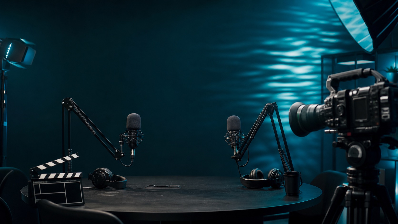 Equipe gravando um podcast profissional em estúdio com câmeras, microfones e iluminação.