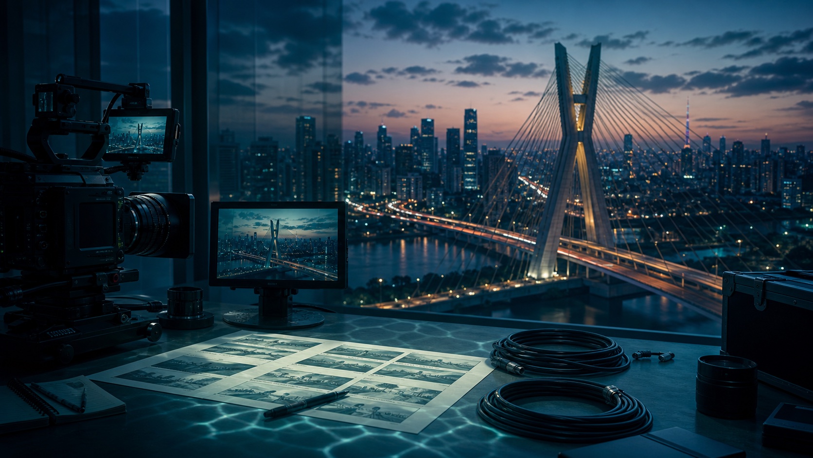 Câmera de cinema e storyboard em estúdio com a Ponte Estaiada e o skyline de São Paulo ao fundo.
