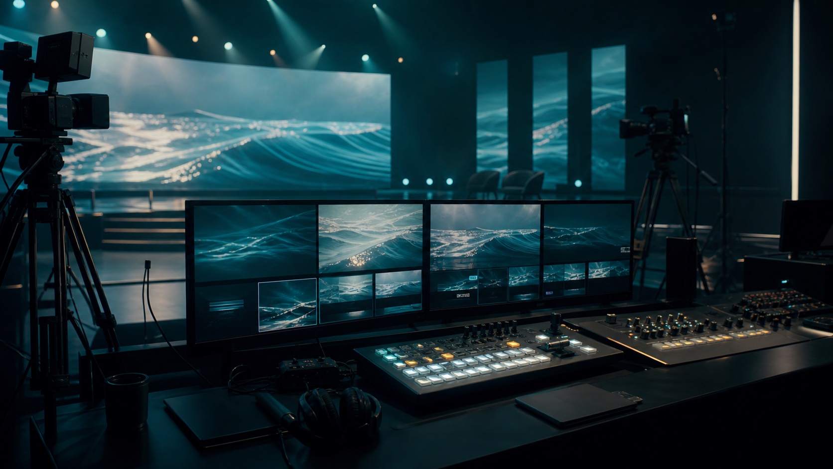 Luzes de evento e ondas gráficas em estilo Canoa Filmes representando uma transmissão ao vivo profissional.
